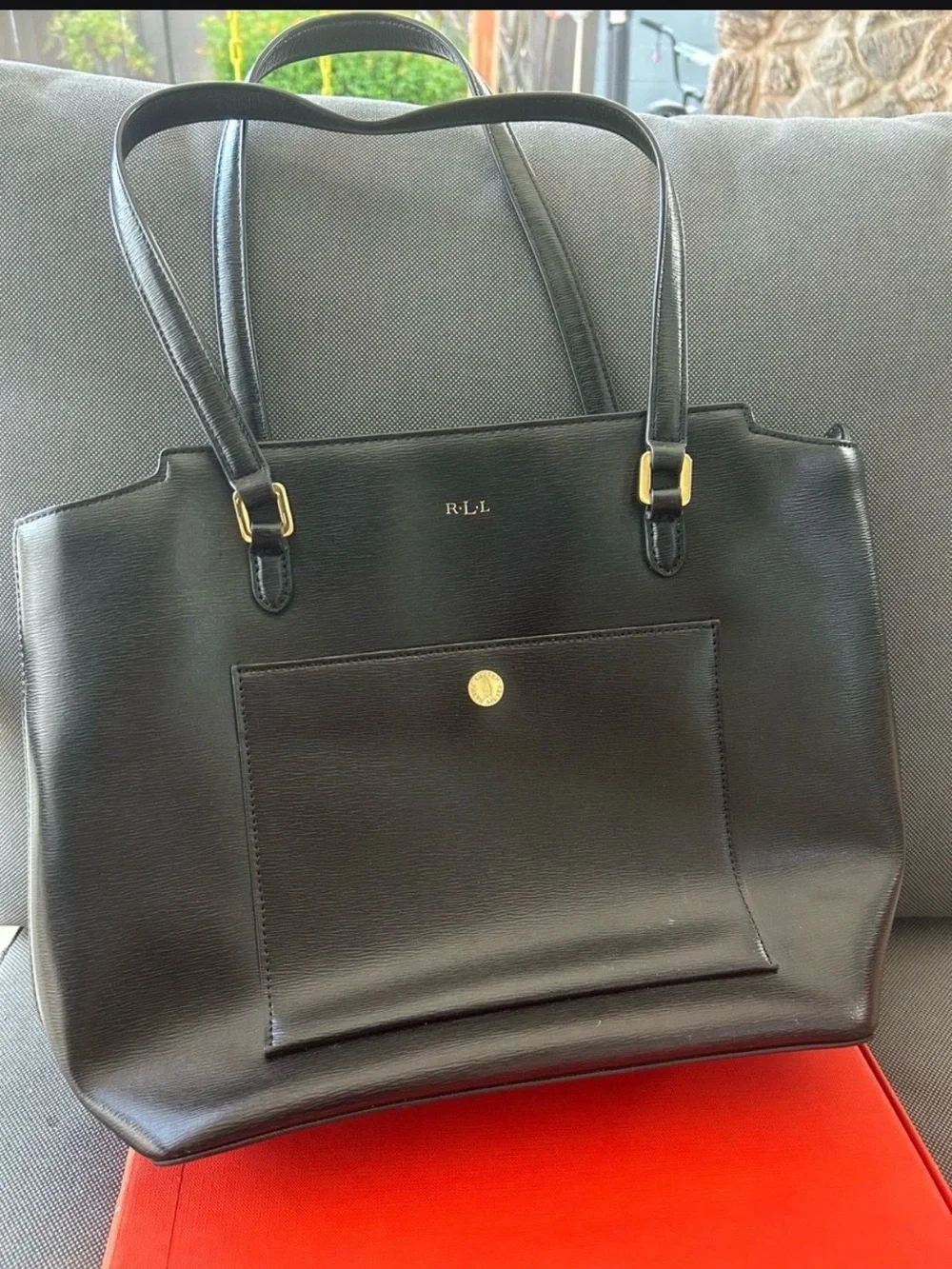 Ralph Lauren Black Leather Tote with Front Pocket and Gold Accent